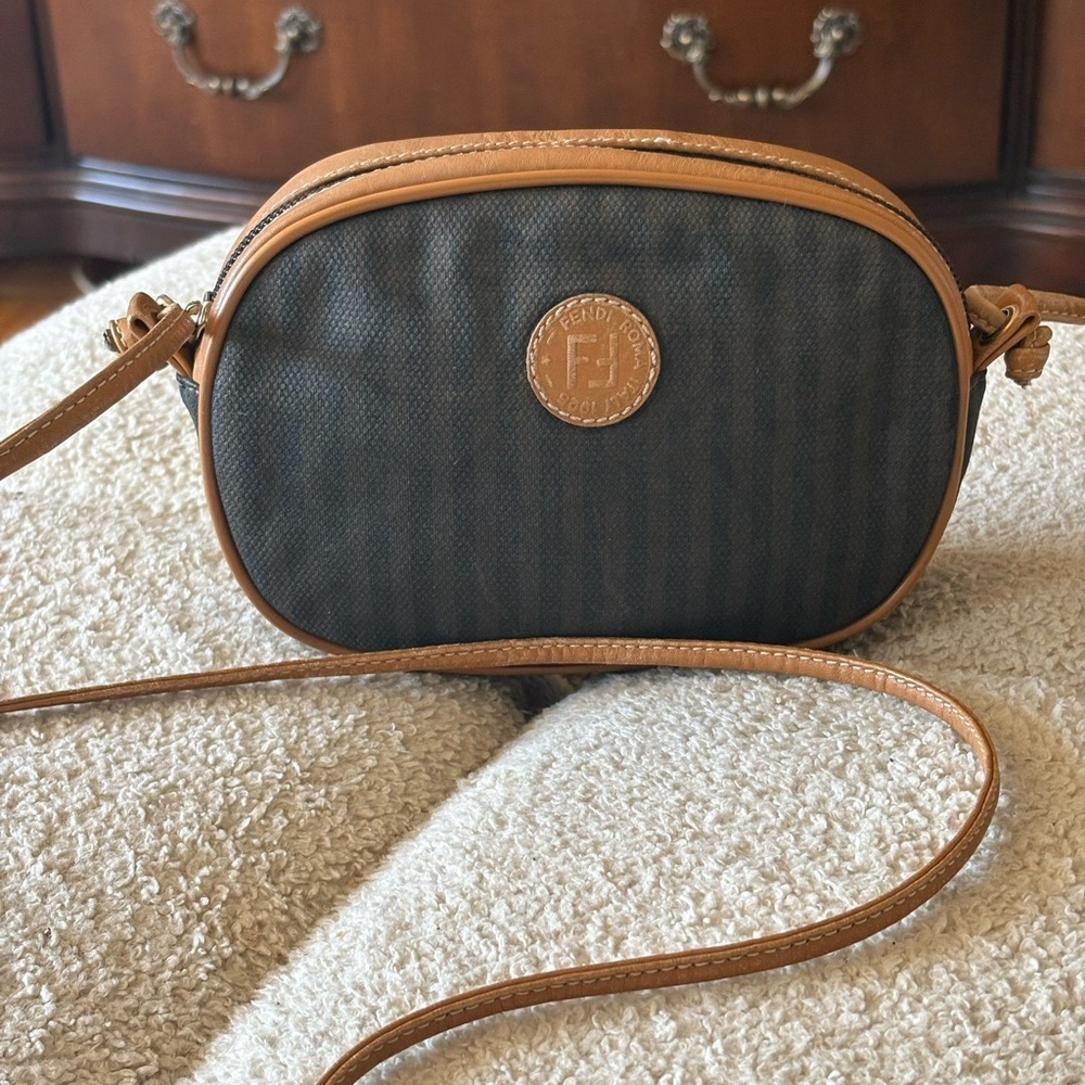Vintage FENDI ROMA 1925 Brown and Tan Canvas and Leather Crossbody Bag - Picture 12 of 15